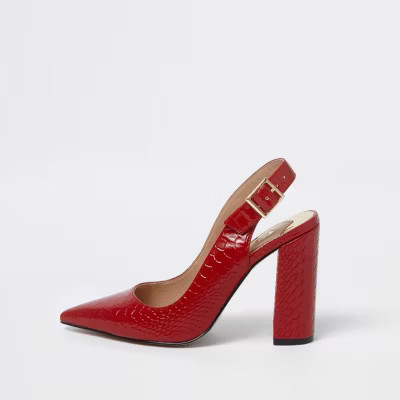 Red croc block heel sling back court shoes | River Island (UK & IE)