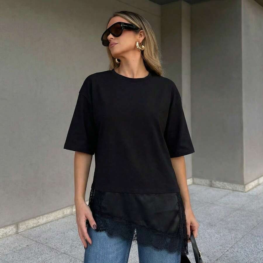 Lace Asymmetric Short Sleeve T-Shirt, Vintage Round Neck Versatile Top Casual Black Summer | SHEIN
