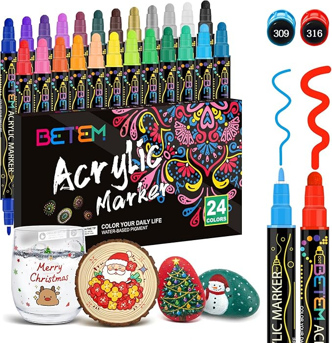 Betem 24 Colors Dual Tip Acrylic Paint Pens Markers, Premium Acrylic Paint Pens Stocking Stuffers... | Amazon (US)