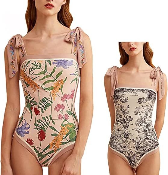 Women Floral One Piece Swimsuits Reversible Tie Shoulder Monokini,Tummy Control Square Neck Swims... | Amazon (US)