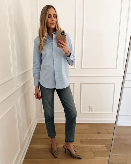 Wearing a 4 in the shirt (tts) size up for a relaxed fit. Jeans are tts 

#LTKworkwear #LTKstyletip #LTKover40