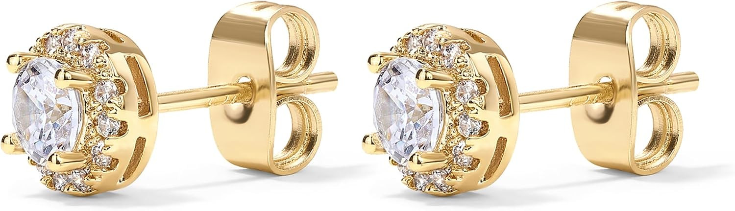 PAVOI 14K Gold Plated 925 Sterling Silver Post Brilliant Round Faux Diamond Halo Earrings - Premium Cubic Zirconia | Amazon (US)