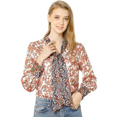 Allegra K Women's Boho Floral Printed Shirts V Neck Pussybow Blouse Top Orange Small | Target
