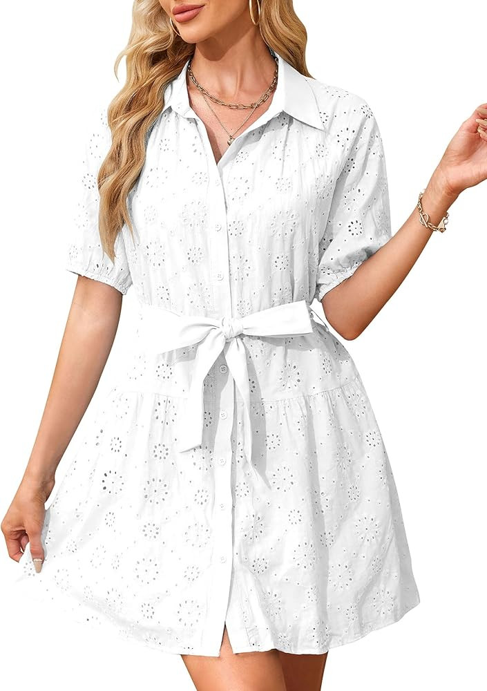 Women's Shirt Dress Summer Puff Sleeve Eyelet Casual Short Sleeve V Neck Tunic Mini Dresses with ... | Amazon (US)