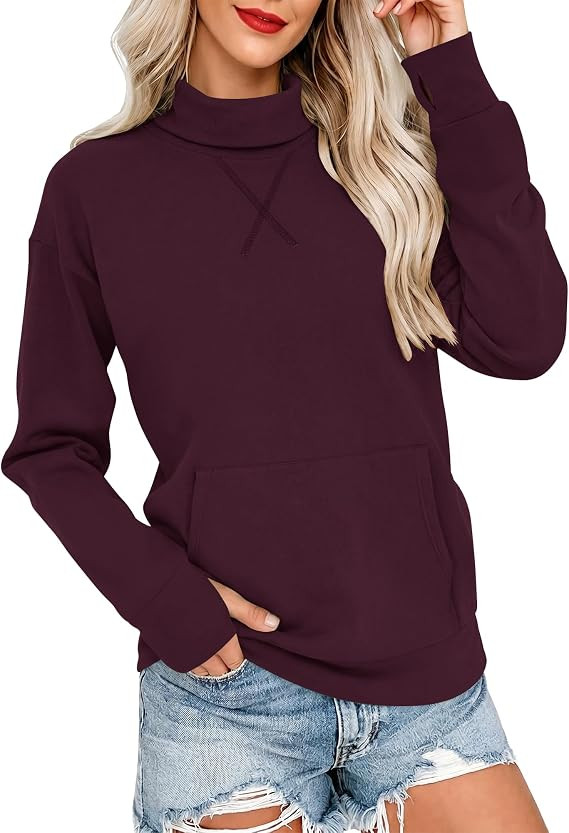 AUSELILY Turtleneck Tops for Women Long Sleeve Sweatshirt with Pockets | Mock Turtleneck Long Sle... | Amazon (US)