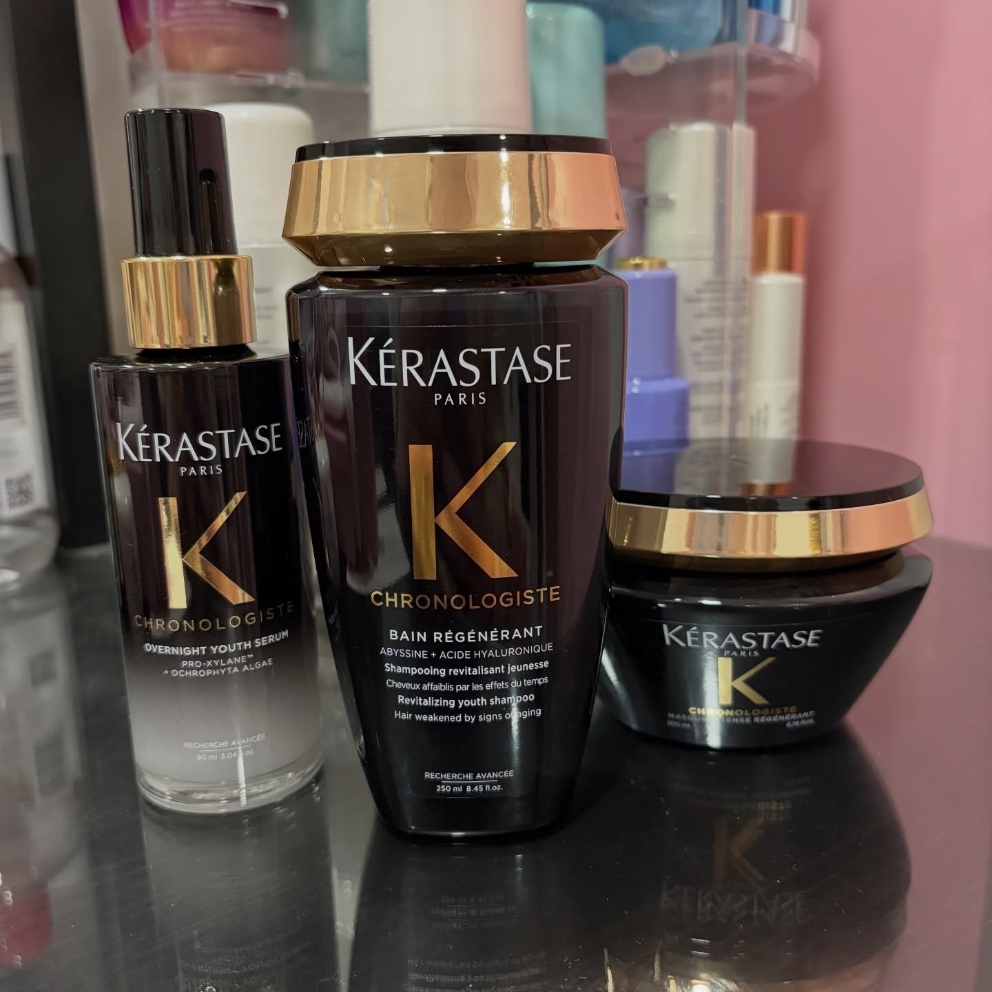 ⭐️PRODUCT REVIEW⭐️

This product was gifted to me by @kerastase_official and @influenster in exchange for my honest review.

The Kerastase Chronologiste Revitalizing Youth line is meant to revitalize hair affected by the 5 visible signs of aging. It revitalizes and nourishes weakened hair, improves shine and softness, and revives dull and dry hair. 

✨The shampoo is a clear gel that provides a nice luxurious lather. My hair and scalp feel so clean and refreshed without being stripped when I use this.

✨The mask is thick, rich cream that you rinse out in the shower. This helps with breakage, smoothness and manageability. This mask truly made my hair feel so soft. My hair felt less tangled and smoother after just 1 use.

✨The Overnight Youth Serum is an overnight serum that is meant to hydrate, smooth and build body from root to tip while also providing 450 degree heat protection. This serum is a milky looking consistency that absorbs easily and quickly into hair - it does not leave a greasy or weighed down feeling at all. I have long hair and I apply 2 pumps each night before bed. I wake up to softer, healthier hair.

I have been using this line for a few weeks now and my hair is softer, stronger, less frizzy and more manageable. The scent of these products is truly intoxicating and I love when I catch a whiff of it in my hair. I highly recommend checking these products out if you are aging and your hair needs a little extra love!

#kerastase #chronologiste #influenster #timeisonyourside #productreview
