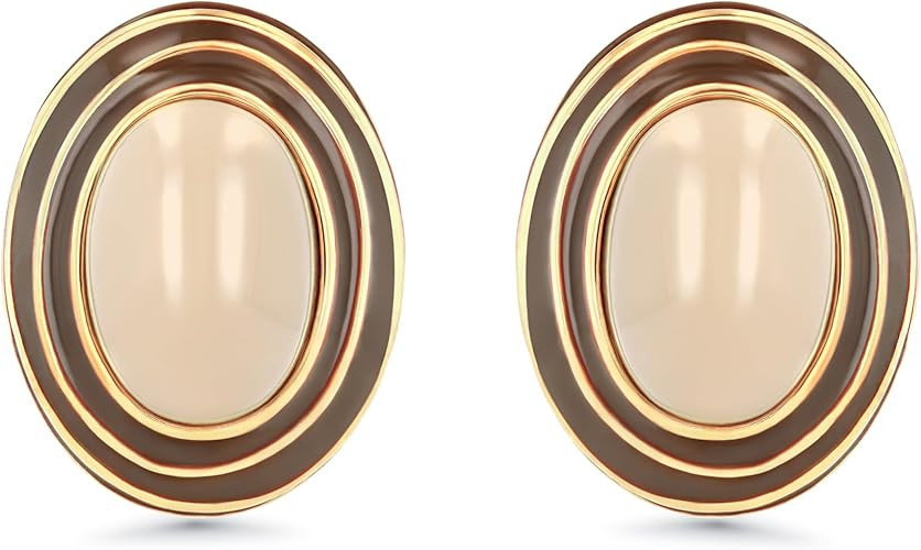 Large Chunky Brown Beige Tan 18K gold plated Round Oval Button Stud Enamel Statement Earrings for... | Amazon (US)