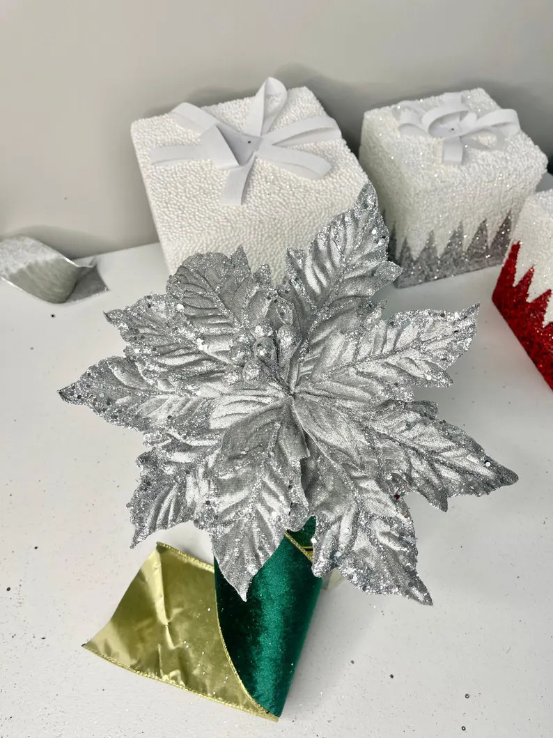 Silver Grey Glittered Velvet Poinsettia Flower Christmas Pick Set of 3 - Etsy | Etsy (US)