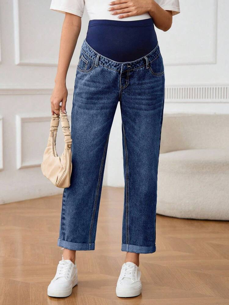 SHEIN Maternity High Waist Distressed Contrast Color Denim Jeans | SHEIN