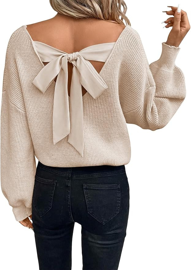 Womens Pullover Sweaters Casual Long Sleeve V Neck Loose Fit Knit Tops | Amazon (US)