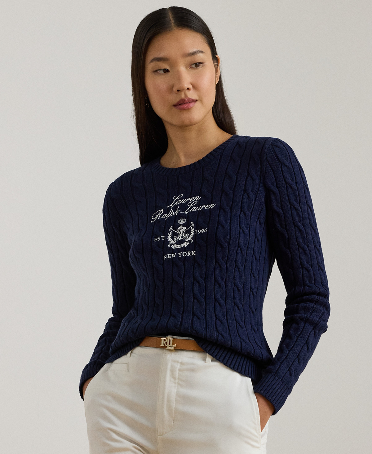Lauren Ralph Lauren Petite Embroidered-Crest Crewneck Sweater - Refined Navy | Macy's