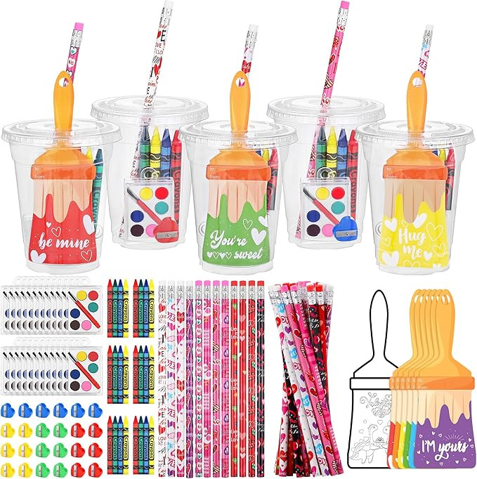 Fovths 24 Sets Valentine's Day Gifts Valentines Cards Mini Watercolor Paint Set with Crayons Penc... | Amazon (US)