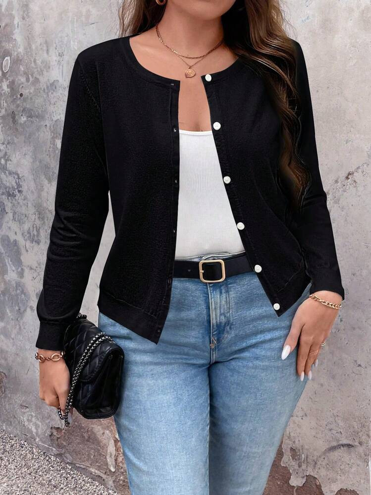 EMERY ROSE Plus Size Simple Solid Color Single Breasted Long Sleeve Cardigan, For Winter Fall Clo... | SHEIN