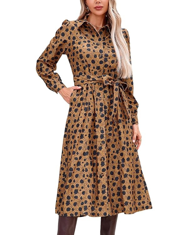 Women's Corduroy Maxi Dress Long Sleeve Cord Button Down Fall Shirt Long Dress with Belt | Amazon (US)