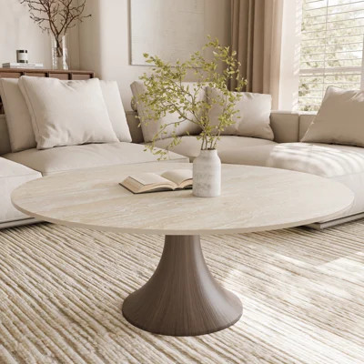 Mid Century Travertine Texture Round Coffee Table Solid Wood Base Glam Accent For Living Room Or Office | Wayfair North America