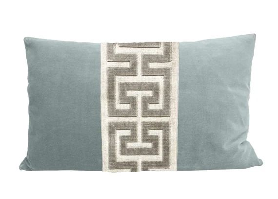 Aqua Mist Velvet Lumbar Pillow Cover with Large Greek Key Trim | Etsy | Etsy (US)