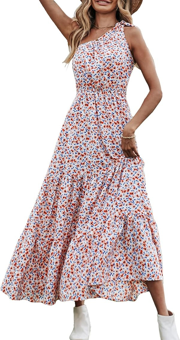 PRETTYGARDEN Women's Floral Maxi Dress 2023 Knot One Shoulder Sleeveless Ruffle Hem Flowy Boho Dress | Amazon (US)