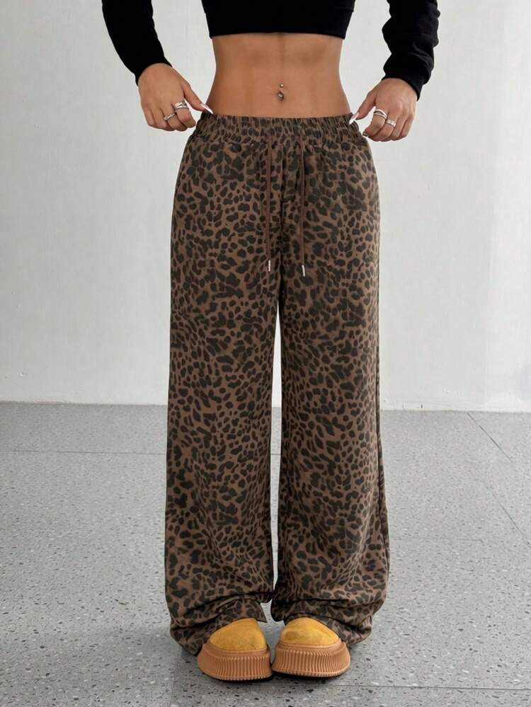 Women's Leopard Baggy Wide Leg Sweatpants Drawstring High Waisted Cheetah Print Lounge Barrel Tro... | SHEIN