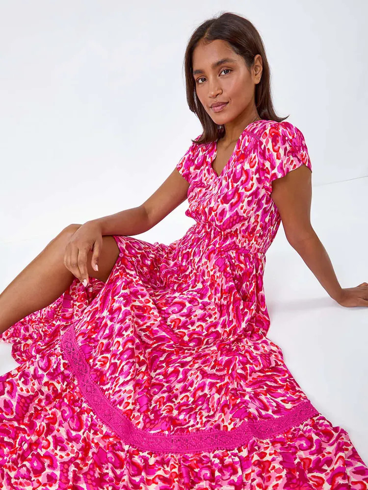 Roman - Lange jurk met abstracte print en gerimpelde taille | Next EU