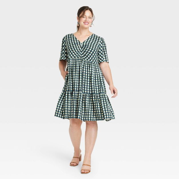 Women&#39;s Plus Size Flutter Short Sleeve Dress- Ava &#38; Viv&#8482; Blue Plaid X | Target