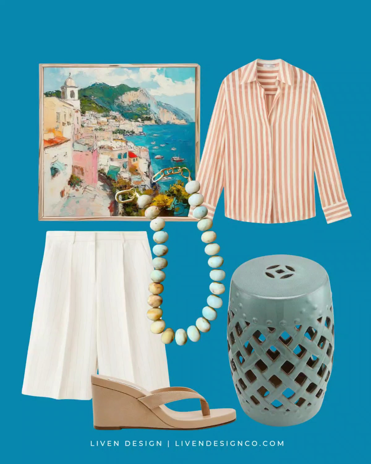 New discoveries. Style inspiration. Style inspo. Summer outfit. Button down. Mango. Nordstrom. Bermuda shorts. Beach painting. European beach wall art. Home decor. Beaded necklace. Wedges. Garden stool. Ceramic outdoor accent stool. Patio decor

#LTKSeasonal #LTKHome #LTKSaleAlert