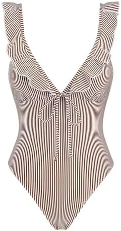 seamoly Vintage Striped Ruffles Trim Tied Plunging Neck One-Piece Swimsuit | Amazon (US)