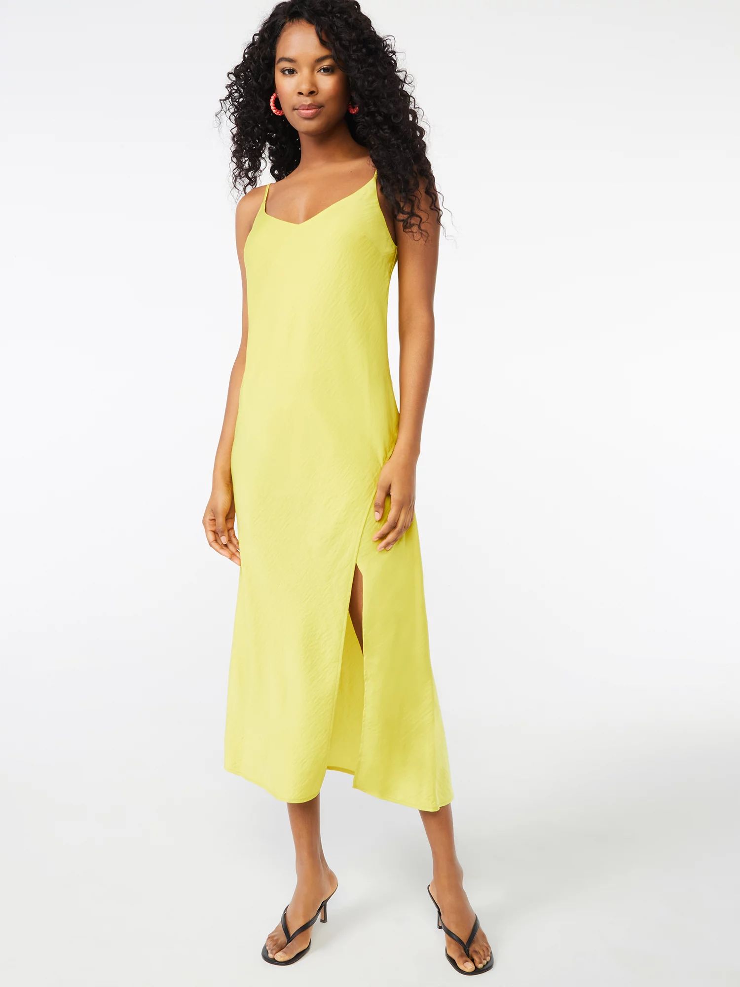 Scoop Women's V-Neck Midi Slip Dress with Slit - Walmart.com | Walmart (US)
