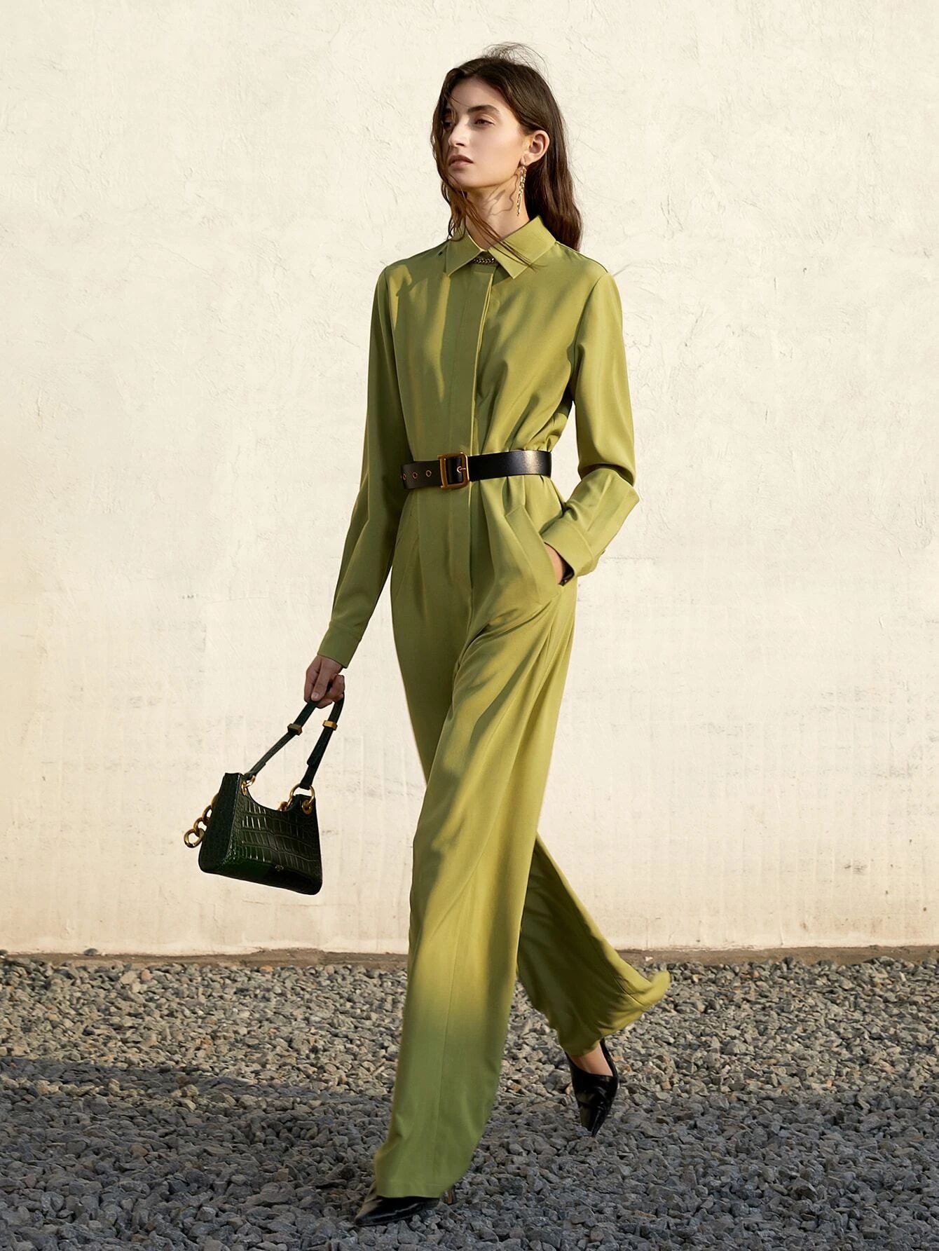 Solid Wide Leg Shirt Jumpsuit Without Belted And Chain | SHEIN