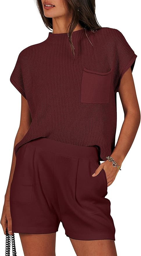 ANRABESS Women's Two Piece Summer Outfits Knit Sweater Short Sets Pullover Tops & Shorts Lounge M... | Amazon (US)