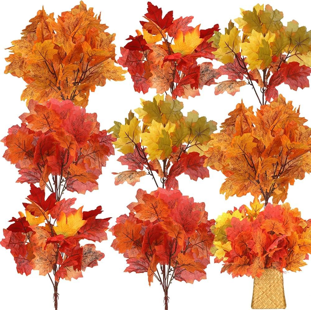 8 pcs Artificial Maple Leaves Branches Faux Fall Fake Autumn Leaves for Thanksgiving Table Center... | Amazon (US)