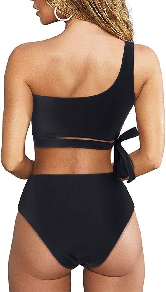 Women One Shoulder High Waisted Bikini Tie High Cut Two Piece Swimsuits | Amazon (US)