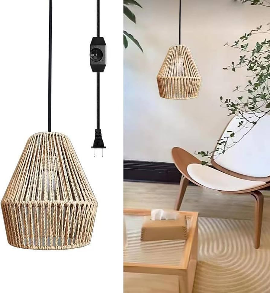 Plug in Pendant Light w/ Dimmer Switch,Cute Rattan Hanging Lamp w/ 13ft Dimmable Cord,Hand Woven ... | Amazon (US)