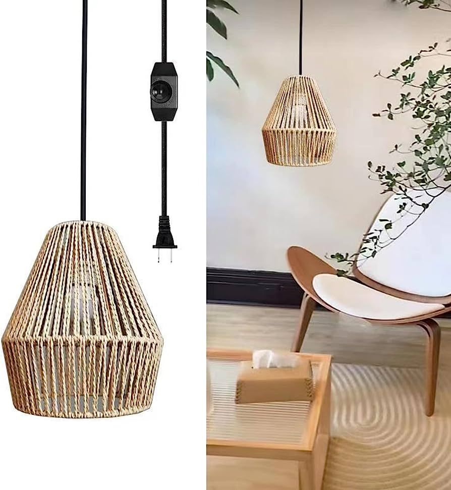 Plug in Pendant Light w/ Dimmer Switch,Cute Rattan Hanging Lamp w/ 13ft Dimmable Cord,Hand Woven ... | Amazon (US)