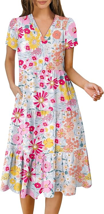 ANRABESS Women's Summer Casual Short Sleeve V Neck Midi Dresses 2026 Spring Flowy A-line Tiered T... | Amazon (US)