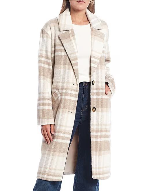 Long Sleeve Button Front Plaid Overcoat | Dillard's