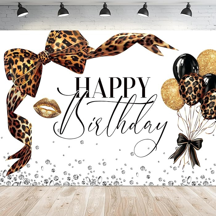 Leopard Print Bow Happy Birthday Backdrop 7Wx5H Photography Coquette Brown White Gold Bowknot Bal... | Amazon (US)