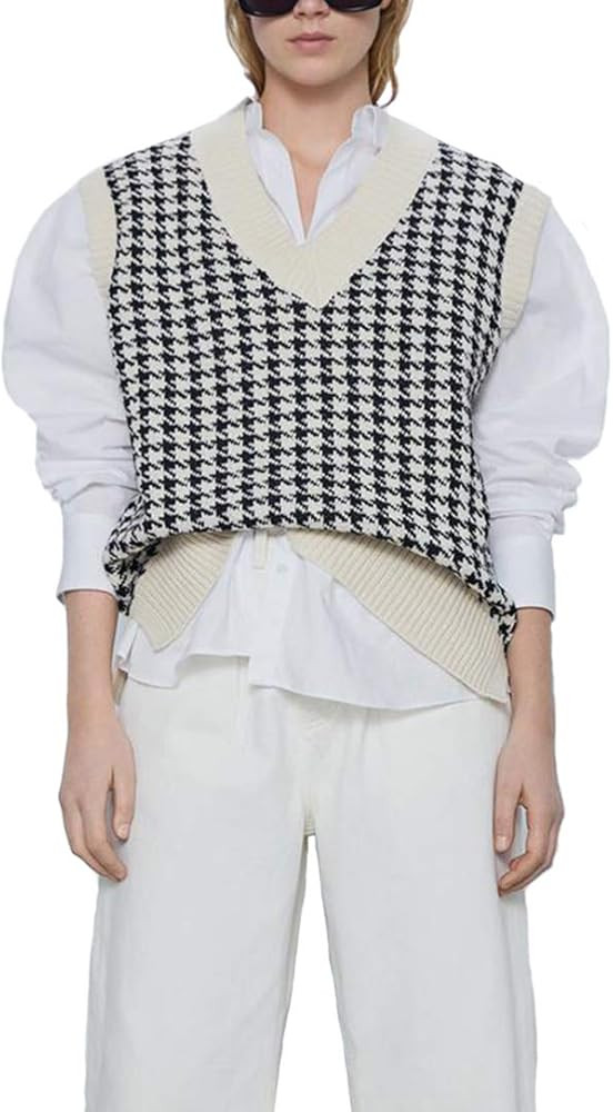 Women Houndstooth Pattern Knit Sweater Vest Sleeveless Loose V-Neck 90s Waistcoat Pullover Knitwe... | Amazon (US)