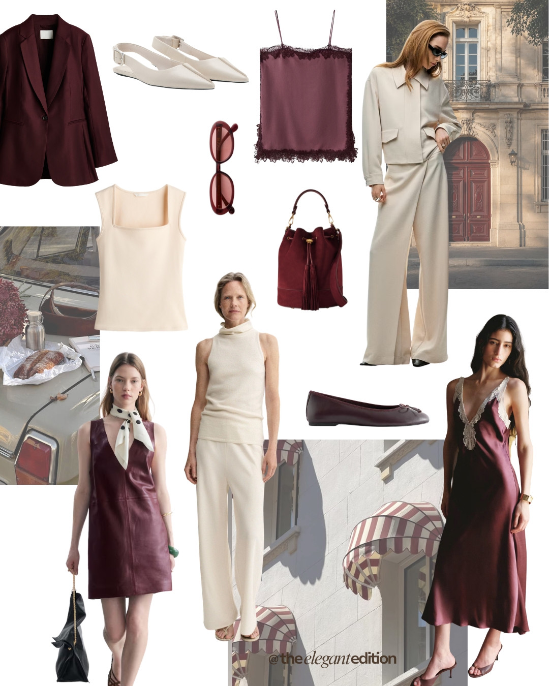 SUMMER TO PRE-FALL EDIT 🍷🤍 — Burgundy tailored blazer, cream slingback flats, burgundy-tinted sunglasses, lace-trim silk cami, cream square-neck tank, burgundy suede bucket bag, burgundy leather mini dress, cream co-ord set, burgundy ballet flats and burgundy silk maxi dress.
#oldmoney #quietluxury #summertofall #LTKfall #LTKstyletip 

 #LTKFashionMonth #LTKeurope #LTKautumn