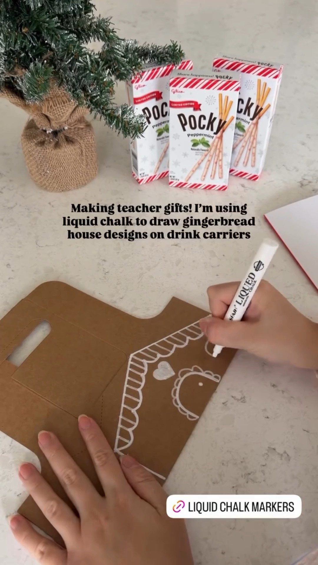 Making teacher gifts! I'm using liquid chalk to draw gingerbread house designs on drink carriers

#LTKGiftGuide #LTKHoliday #LTKFindsUnder50