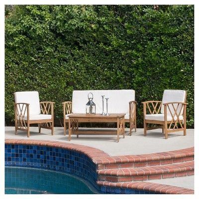 Langdon 4pc Acacia Wood Patio Chat Set with Cushions - Christopher Knight Home | Target