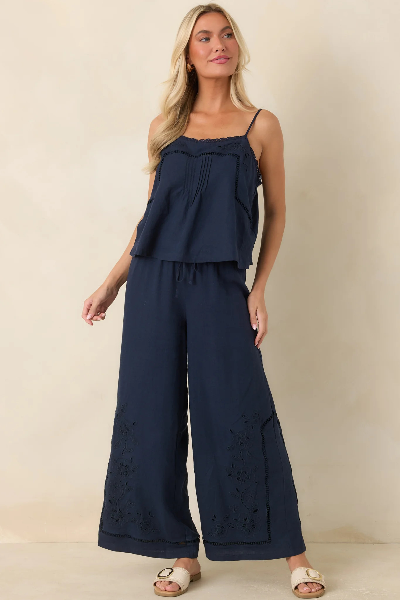 Z Supply Lille Navy Linen Blend Embroidered Woven Tank Top | Red Dress