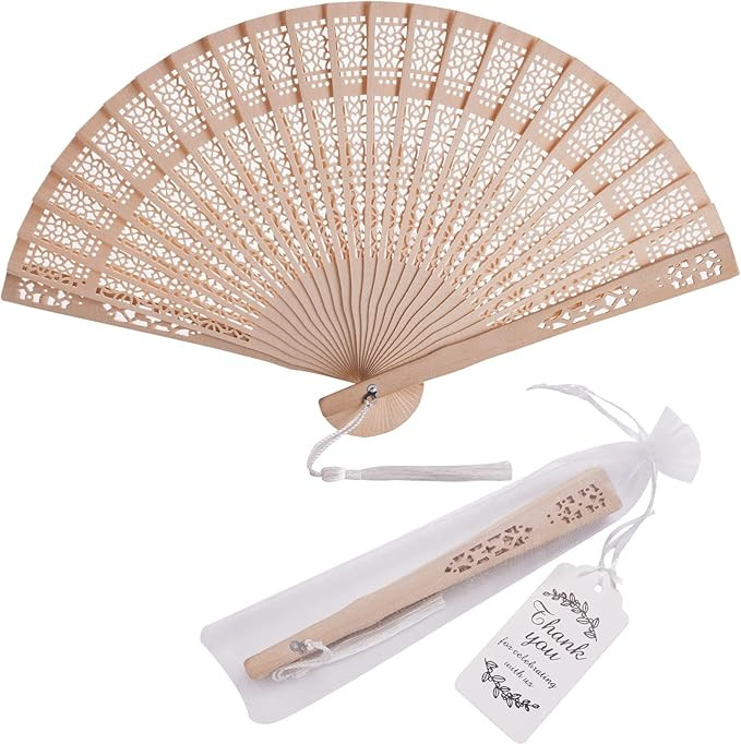 50 Sets Wooden Hand Fan Wood Handheld Folding Fans with Organza Bags and Thank You Tag and Tassel... | Amazon (US)