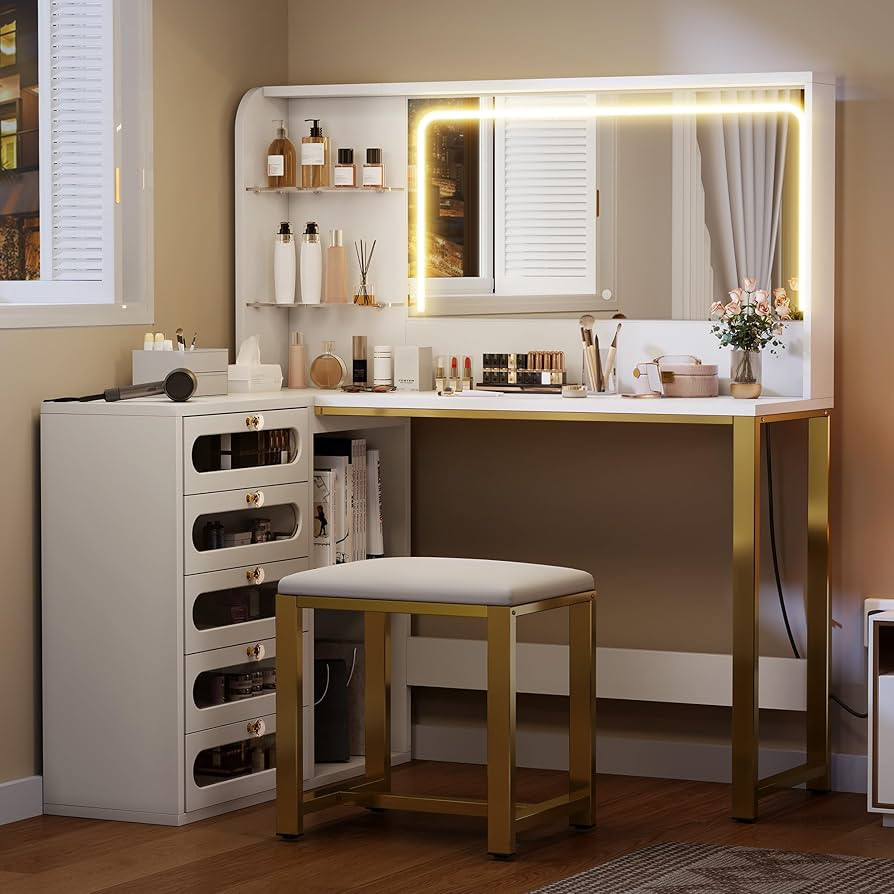 YITAHOME Vanity Desk Set- L Makeup Vanity with Mirror and Lights 3 Lighting Modes, 48" Large Dres... | Amazon (US)