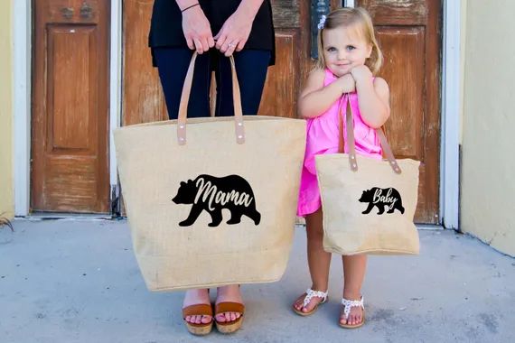 Mama Bear Burlap Tote Bag Mother Daughter Gift Personalized | Etsy | Etsy (US)