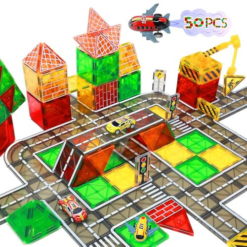 LionFuny 50pcs Magnetic Tiles, Magnetic Blocks Magnetic Road Tiles Set, Magnets Construction Toys for Kids Ages 3-5 4-8 8-12, Toddlers STEM Preschool Toys Boys Girls Toys with Crane Airplane Car | Amazon (US)