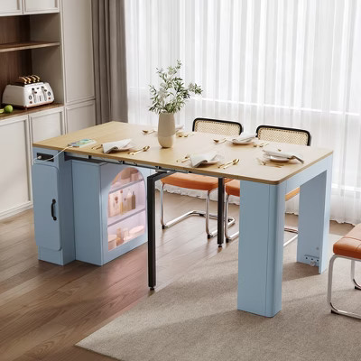 GDFStudio David Extendable Dining Table with 3 Removable Leaves and Space-Saving Storage Cabinet, Grey-Blue/Natural | Target
