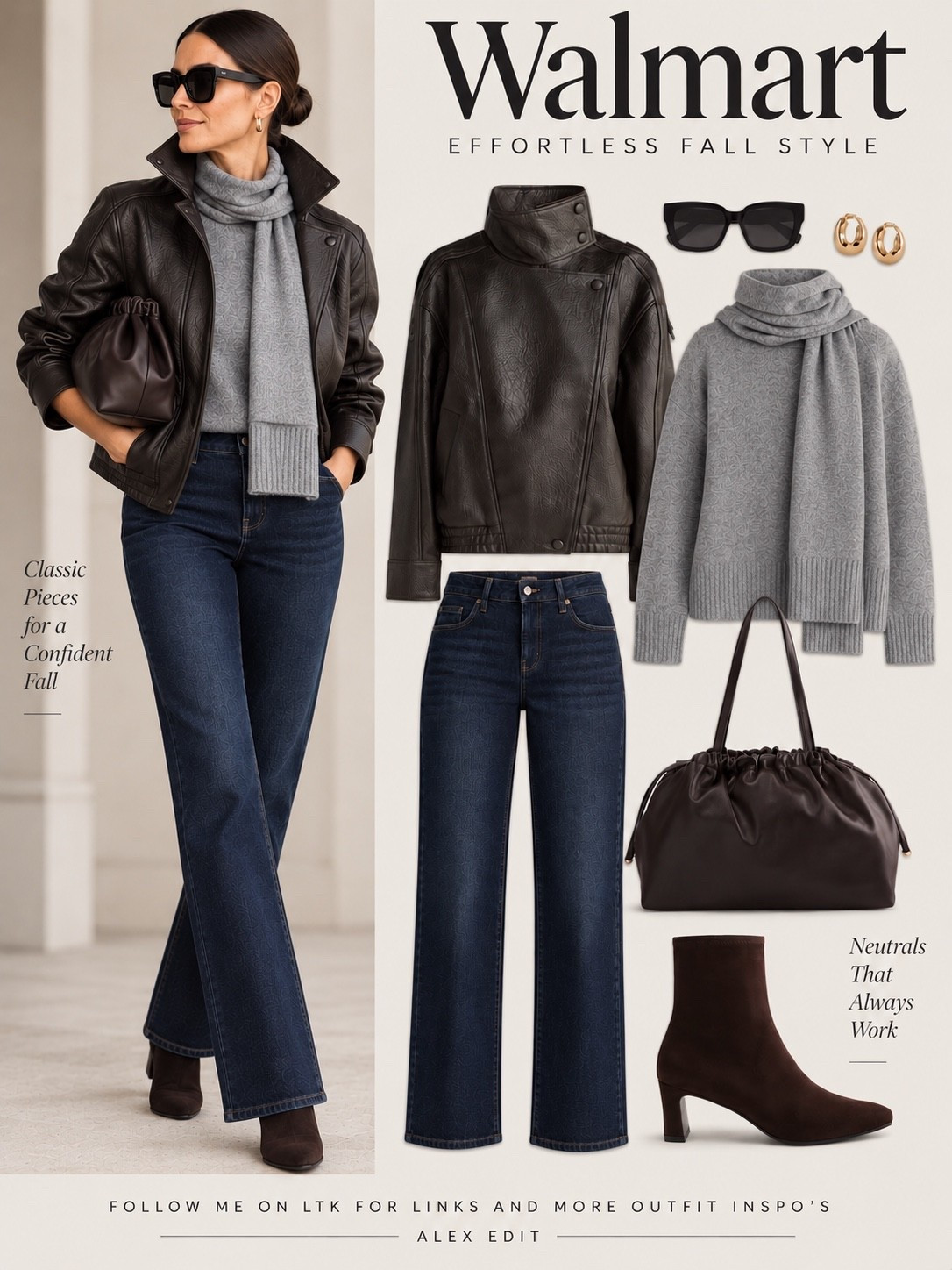 You’d never guess this entire outfit is from Walmart! And that’s exactly what I love about it.

The combination of a structured faux leather jacket, soft gray knit with scarf detail, and dark-wash denim strikes that perfect balance between polished and effortlessly relaxed. Add chocolate brown ankle boots and an oversized pouch bag tucked under the arm, and suddenly an everyday jeans-and-sweater outfit feels like something straight out of a fashion editorial.

It’s all about mixing textures, playing with proportions, and choosing pieces that make even the simplest outfit feel thoughtfully styled. Proof that great style has very little to do with where you shop.