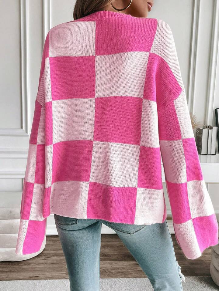 SHEIN Frenchy Plaid Pattern Drop Shoulder Sweater | SHEIN