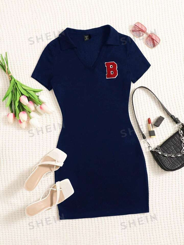 SHEIN EZwear Plus Letter Patched Detail Bodycon Dress | SHEIN