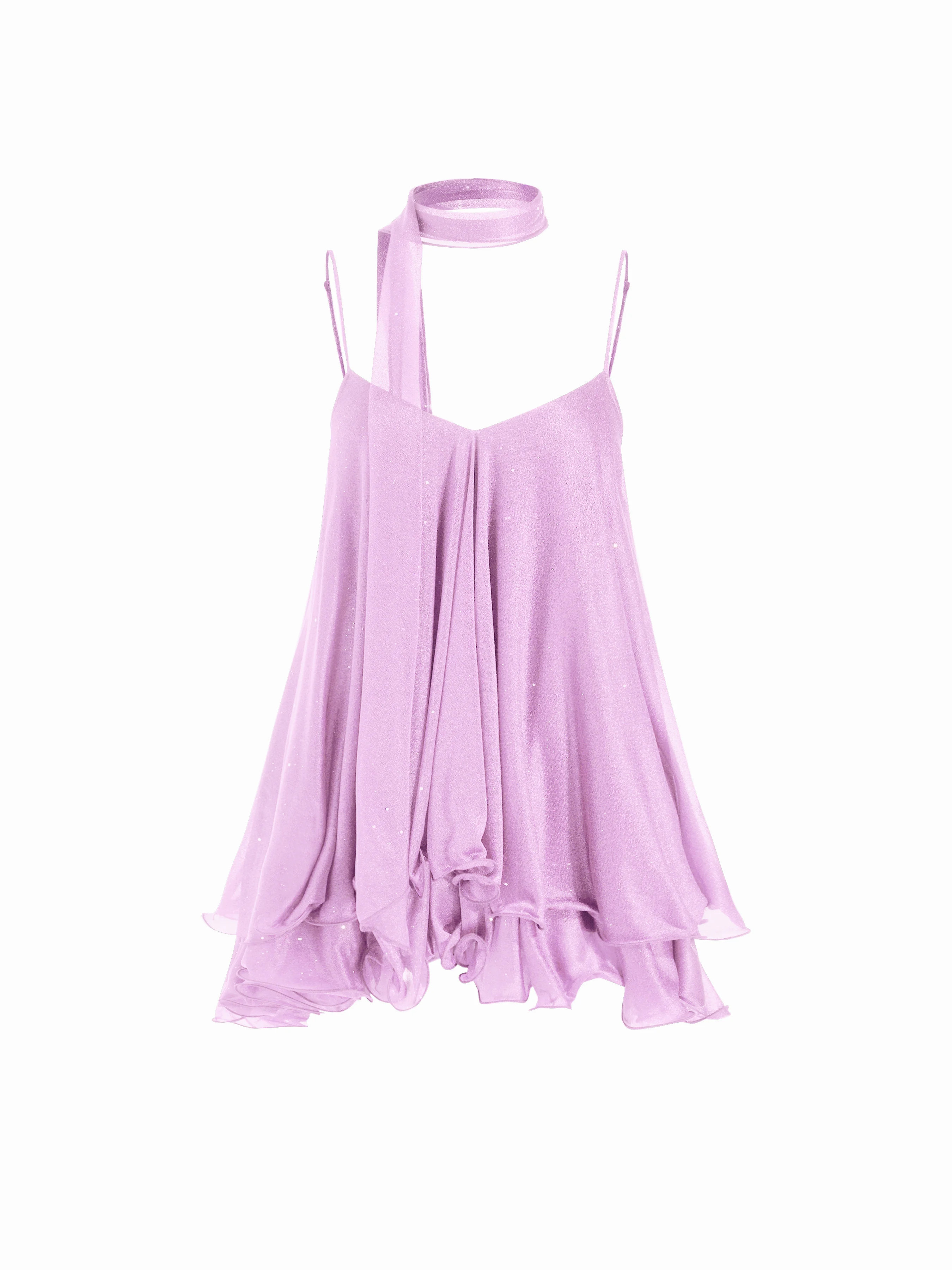 Sequin V-Neck Halter Ruffled Hem Oversized Mini Dress With Scarf | Cider